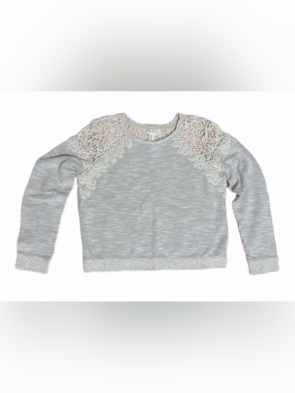 Forever 21 Women’s Long Sleeve Pullover Top Open Knit Crochet Back Shoulder Gray